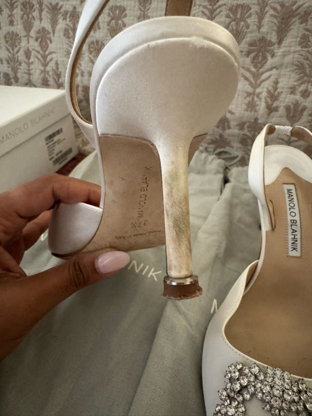 Manolo Blahnik White Satin Crystal-Embellished Slingback Pumps - Picture 6 of 13
